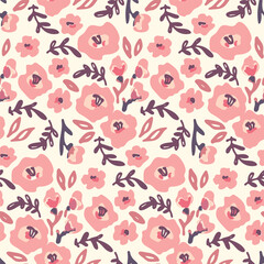Seamless floral pattern, liberty ditsy print with small pink flowers. Cute botanical design with hand drawn romantic meadow: tiny flowers, leaves on white background. Vector illustration.