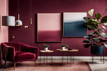 Interior view of a modern house with dark red/pink themed furniture - Generative AI