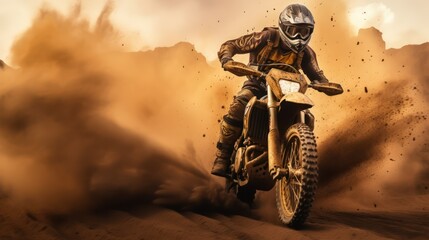 Motocross racer accelerating in dust track. motocross bike in a race representing the concept of speed and power in extreme man sport. Generative Ai.