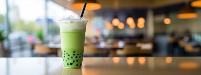 Matcha bubble tea with tapioca at a coffee shop created with Generative AI.