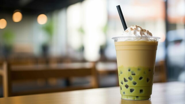 Matcha and brown sugar bubble tea at a coffee shop created with Generative AI.