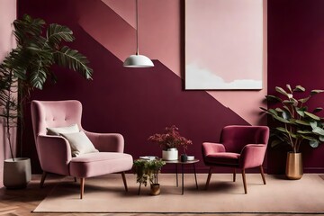 Interior view of a modern house with dark red/pink themed furniture - Generative AI