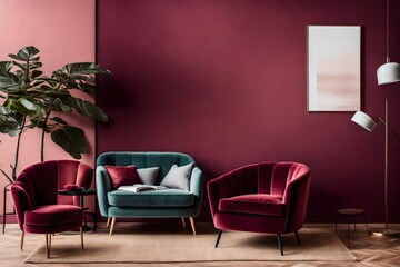 Interior view of a modern house with dark red/pink themed furniture - Generative AI