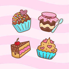 Cute set of sweets in drawing. Brigadeiro, Pot of cake, slice of cake and cupcake.