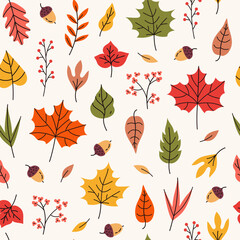 Obraz premium Seamless autumn pattern with colorful leaves, acorns, berries, flowers. Fall seasonal print. Hand drawn vector illustration.