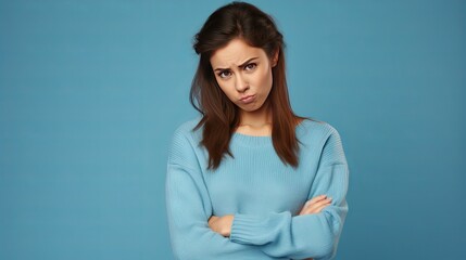 Obraz premium Hesitant and worried young woman frowning pointing fingers up with sad face standing on blue background