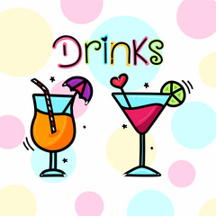 Fruit drinks illustration. Set of juice and lemonade glasses in doodle sketch style. Homemade cold fresh cocktails drawing. Handdrawn cartoon summer soda beverages.