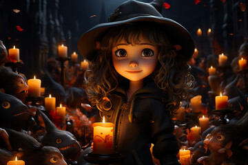 Fototapeta premium Little girl in a witch's hat with candles. Halloween background. 