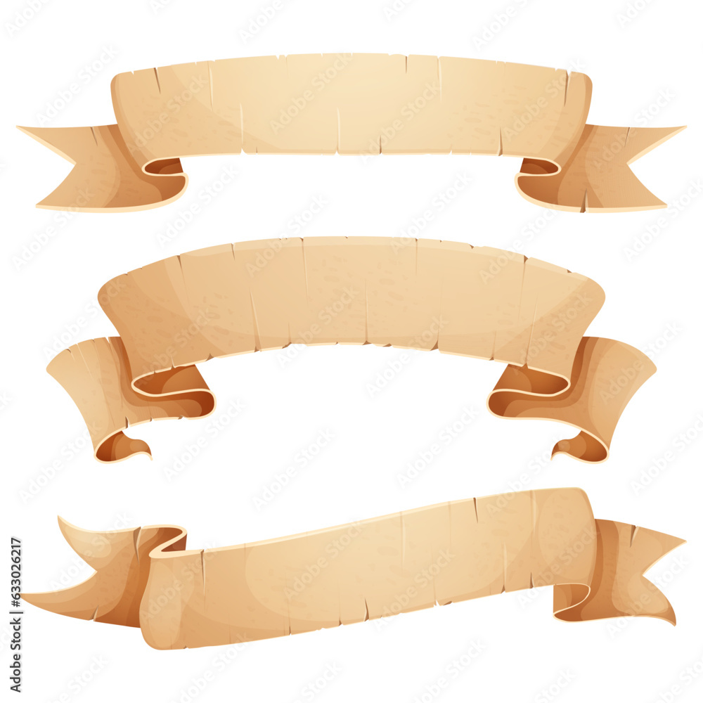 Wall mural set parchment paper scroll ribbon, old vintage banner game ui element in cartoon style isolated on w