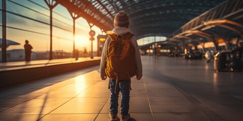 Little Child at the airport, travel theme. Generative AI