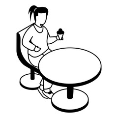 Beautiful girl sitting in a summer cafe and eating ice cream in a waffle cone isometric Concept Vector Icon Design, Free time activities Symbol, Extracurricular activity Sign, hobbies interests Stock 