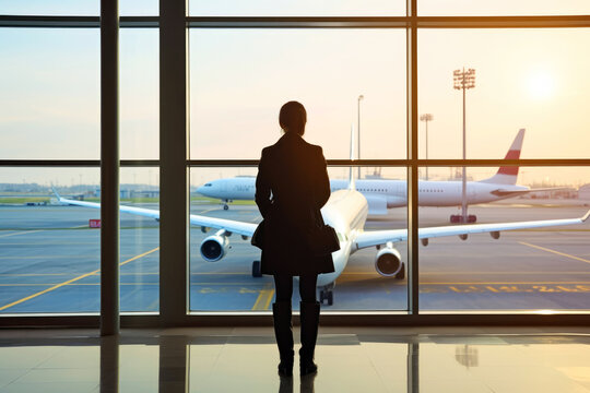 Against the backdrop of an airplane and bright departure gate, a businesswoman stands confidently. Ready to embark on her business trip, she exemplifies the modern female entrepreneur on the go