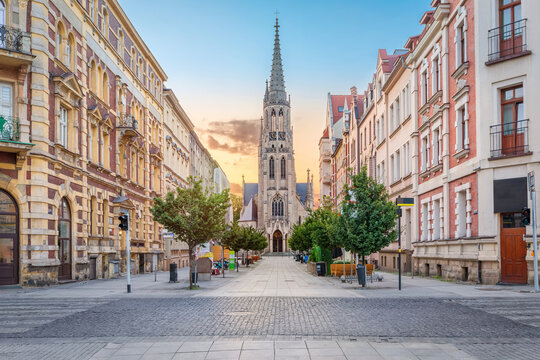 Katowice, Poland - view of Mariacka pedestrian street and Virgin Mary church on sunrise
