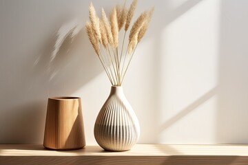 A wooden stand holds a ceramic vase adorned with lagurus grass, creating a stylish home product presentation. The surrounding warm sunlight and shadows add a cozy ambiance to the Scandinavian inspired