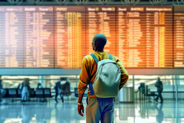 Against the backdrop of an information board displaying flight details, in casual clothing young man with a backpack behind the back stands, ready to board his plane and go on a trip