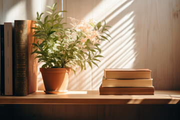 Shelf with plant and books in boho style, sun rays. v