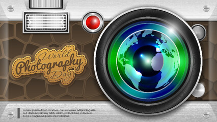 World Photography Day with Globe Inside the Camera Lens Background