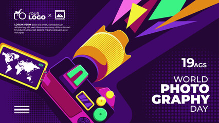 World Photography Day with Pop Art Camera Illustration Looking from Above