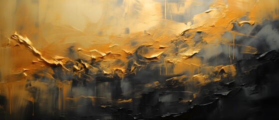 Closeup of abstract rough black gold art painting texture, with oil brushstroke, pallet knife paint on canvas (Generative Ai)