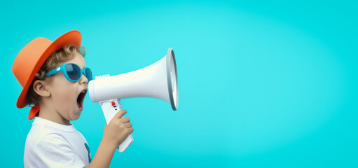 A boy with an orange hat and sunglasses is claiming something through a megaphone against a blue background,copy space