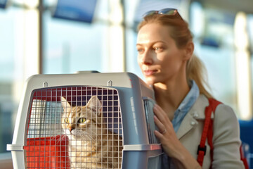 A young woman holds a cat carrier in her hands on her knees with her domestic cat at the airport on a sunny day. Waiting to board a flight. Travel concept with animals in planes and trains