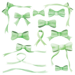 Green watercolor ribbon bow vector collection