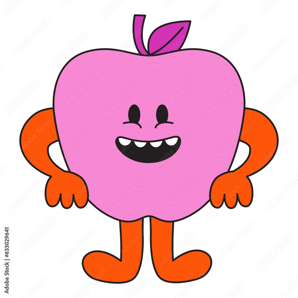 Poster Vector  in simple linear style - design templates and stickers - hippie, happy and groovy smiling character, funny fruit apple