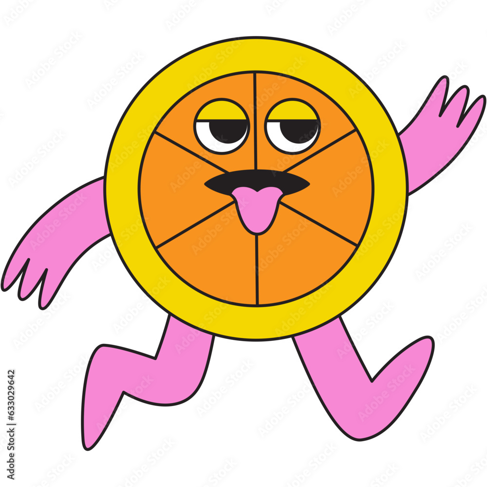 Poster Vector  in simple linear style - design templates and stickers - hippie, happy and groovy smiling character, funny fruit orange