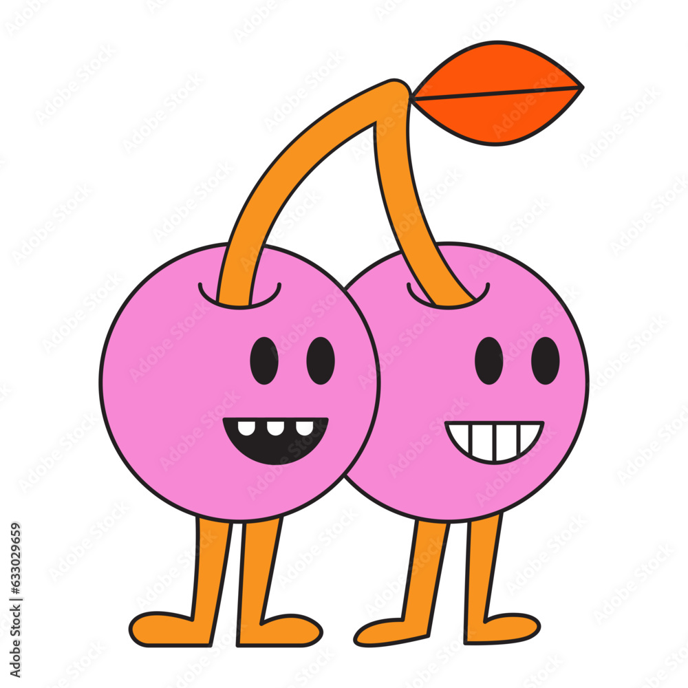 Aufkleber Vector  in simple linear style - design templates and stickers - hippie, happy and groovy smiling character, funny fruit  cherries