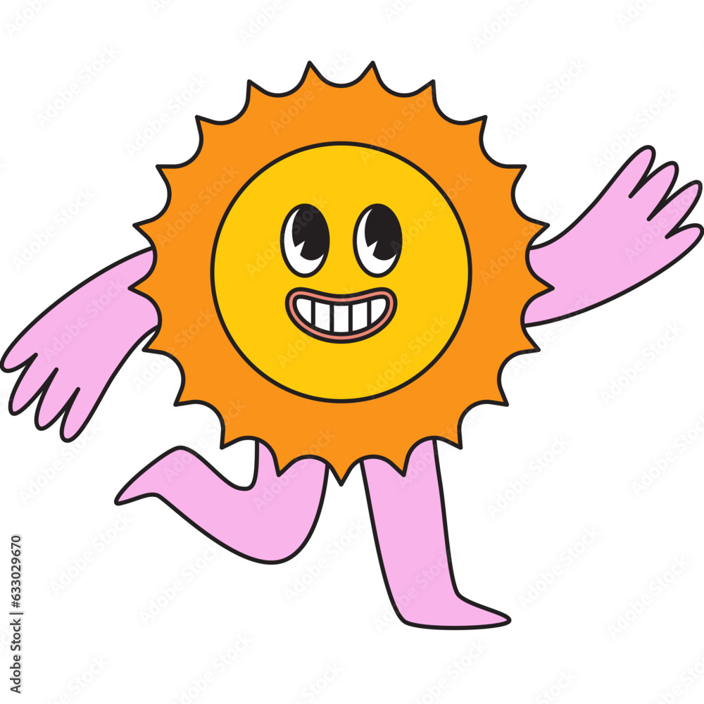 Poster Vector  in simple linear style - design templates and stickers - hippie, happy and groovy smiling character, funny sun and flower
