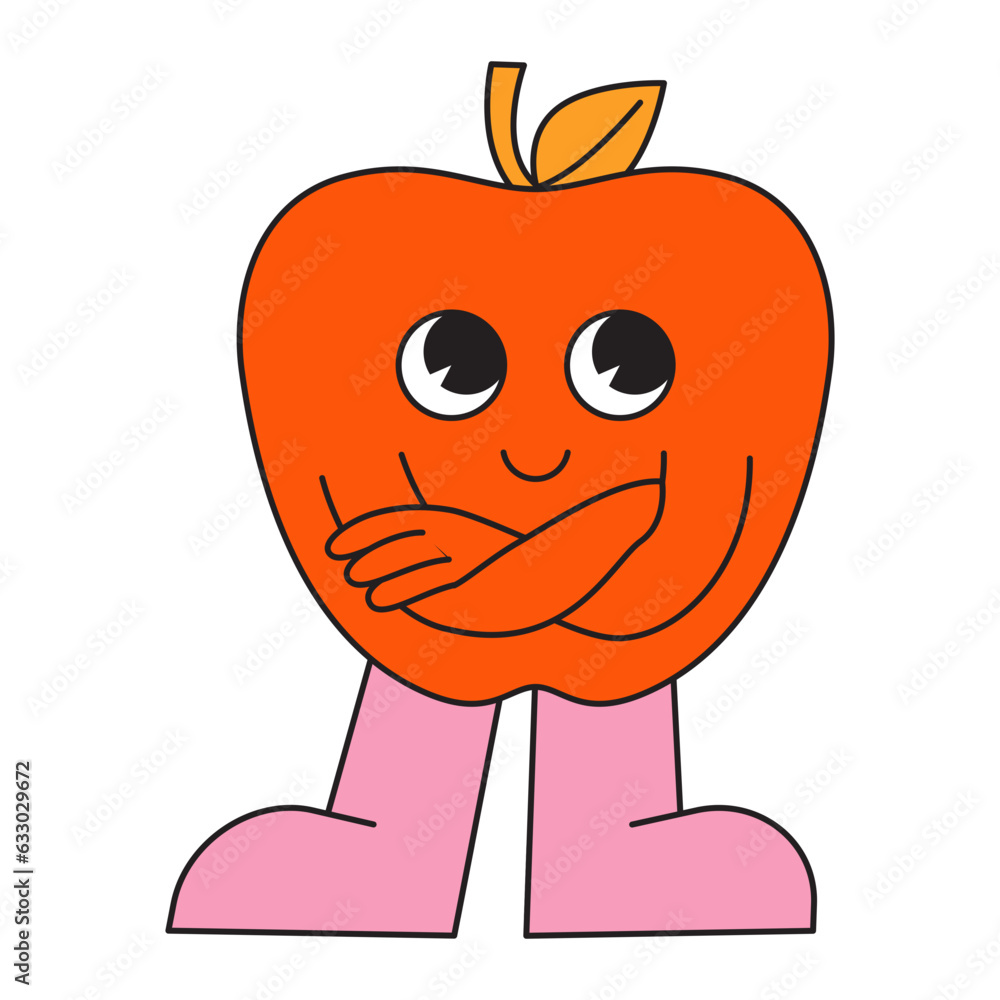 Poster Vector  in simple linear style - design templates and stickers - hippie, happy and groovy smiling character, funny fruit apple