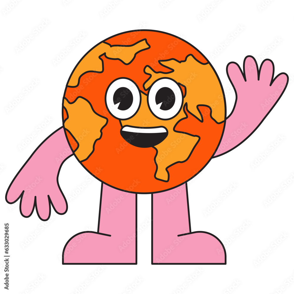 Aufkleber Vector  in simple linear style - design templates and stickers - hippie, happy and groovy smiling character, funny earth planet