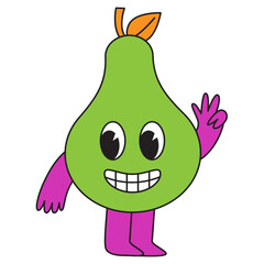 Vector illustration in simple linear style - design templates and stickers - hippie, happy and groovy smiling character, funny fruit pear