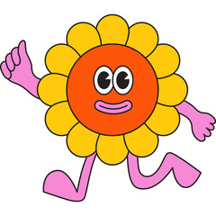 Vector  in simple linear style - design templates and stickers - hippie, happy and groovy smiling character, funny sun and flower - 633029653