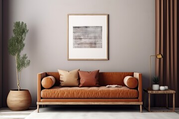 The interior design showcases a chic and sophisticated room with a brown sofa, ladder, wooden stool, book, mock up poster frame, decorations, and personal accessories. The atmosphere exudes a cozy and