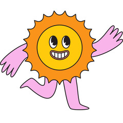 Vector  in simple linear style - design templates and stickers - hippie, happy and groovy smiling character, funny sun and flower - 633029670