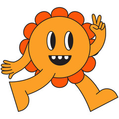 Vector  in simple linear style - design templates and stickers - hippie, happy and groovy smiling character, funny sun and flower - 633029688