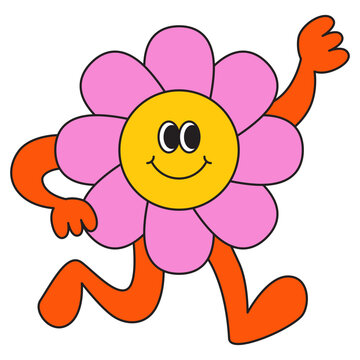 Vector  in simple linear style - design templates and stickers - hippie, happy and groovy smiling character, funny sun and flower