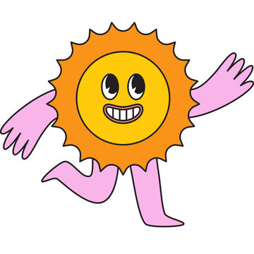 recommend clip art: Vector  in simple linear style - design templates and stickers - hippie, happy and groovy smiling character, funny sun and flower