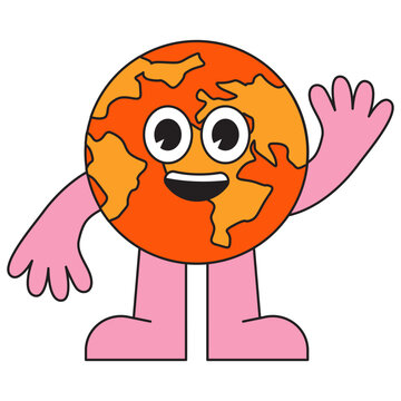 recommend clip art: Vector  in simple linear style - design templates and stickers - hippie, happy and groovy smiling character, funny earth planet