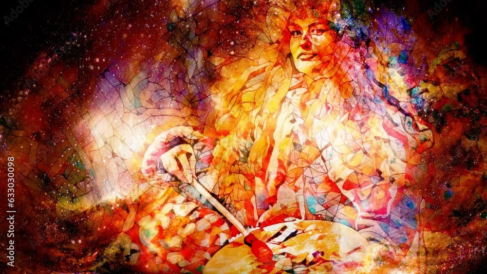 Poster shamanic girl with frame drum on abstract structured space background. loop animation.