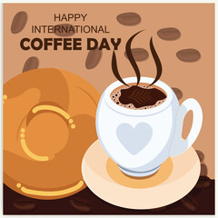 Cup of coffee with coffee beans decoration and sprinkle forming world map, banner, poster, greeting card vector