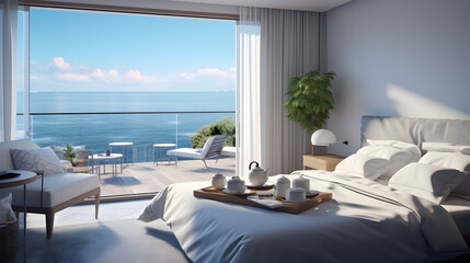 modern seaside luxury hotel room, apartment with background sea view: inside bed tea, balcony view, seaside holiday, beach hotel architecture concept - obrazy, fototapety, plakaty