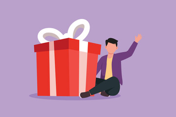 Graphic flat design drawing loyalty program for regular clients. Businessman holds big gift box. Gift for holiday. Happy male sitting next to large gift from office. Cartoon style vector illustration