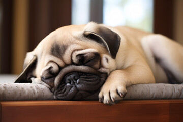 A calming scene of a pug taking a nap, embodying relaxation and peacefulness. The adorable furry friend finds serenity in its cozy snooze