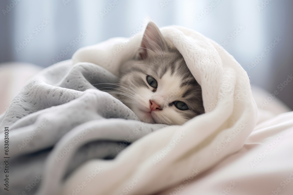 Sticker A comfortable little kitten rests beneath the inviting embrace of a cozy white blanket within the comforting confines of a home bedroom.