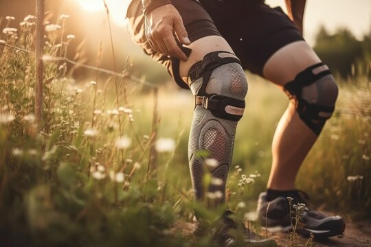 Knee support brace on male legs outdoors at summer