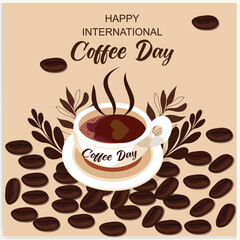 Cup of coffee with coffee beans decoration and sprinkle forming world map, banner, poster, greeting card vector