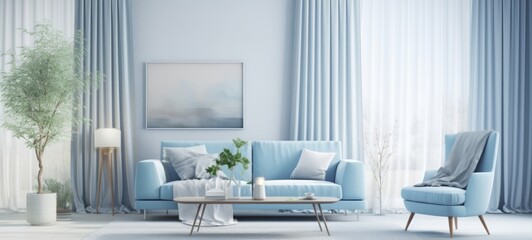 Livingroom with windows with curtains, calm design of interior, light colors, blues and white, minimalizm 3D render.