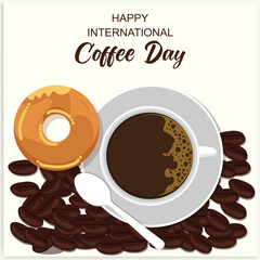 Cup of coffee with coffee beans decoration and sprinkle forming world map, banner, poster, greeting card vector